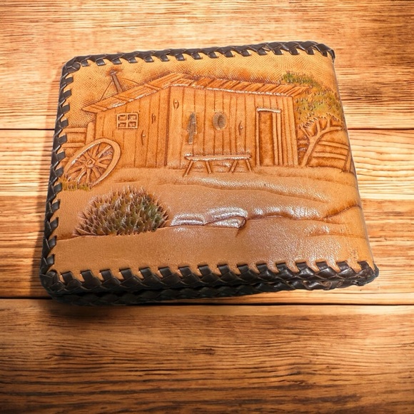 Leather Western Wallet Desert Scene Horse Tooled Laced Vintage Bifold Lace Edge - Picture 2 of 7